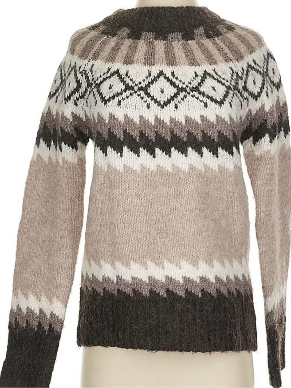 VICI Fair Isle Crewneck Sweater in Taupe, White & Charcoal (NWOT)